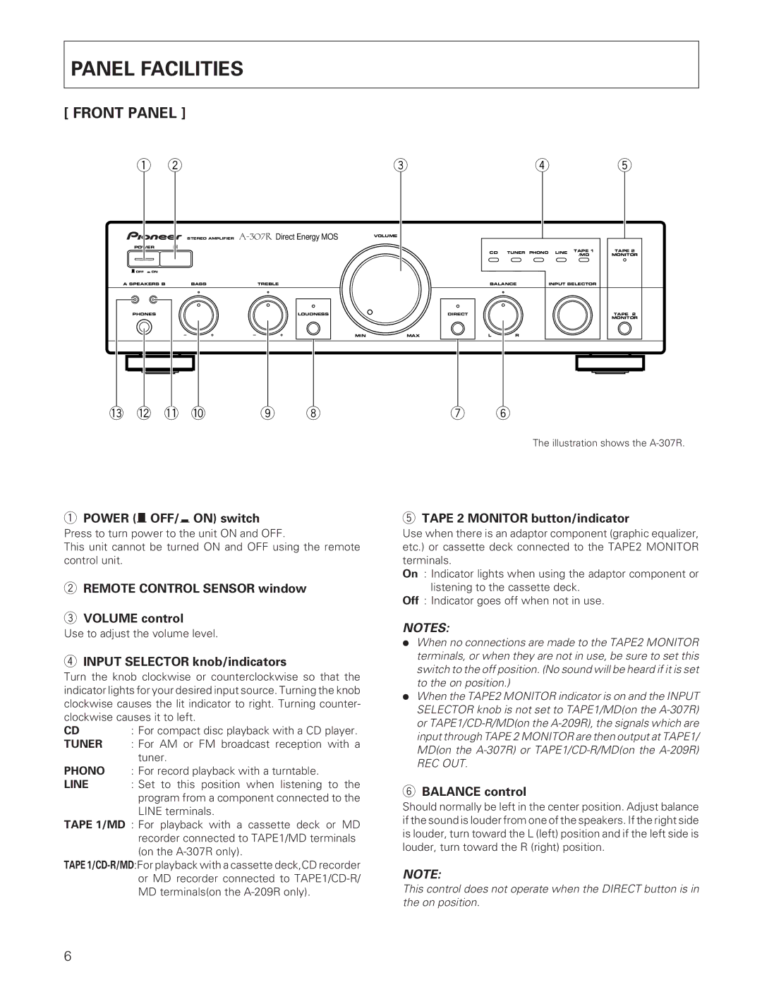 Pioneer A-307R A-209R manual Panel Facilities, Front Panel 