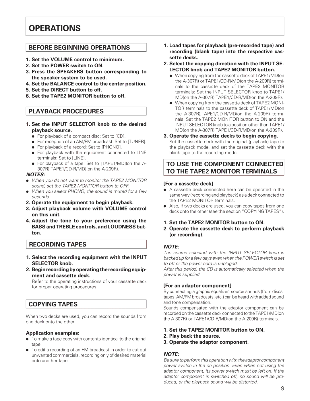 Pioneer A-307R A-209R manual Before Beginning Operations, Playback Procedures, Recording Tapes, Copying Tapes 