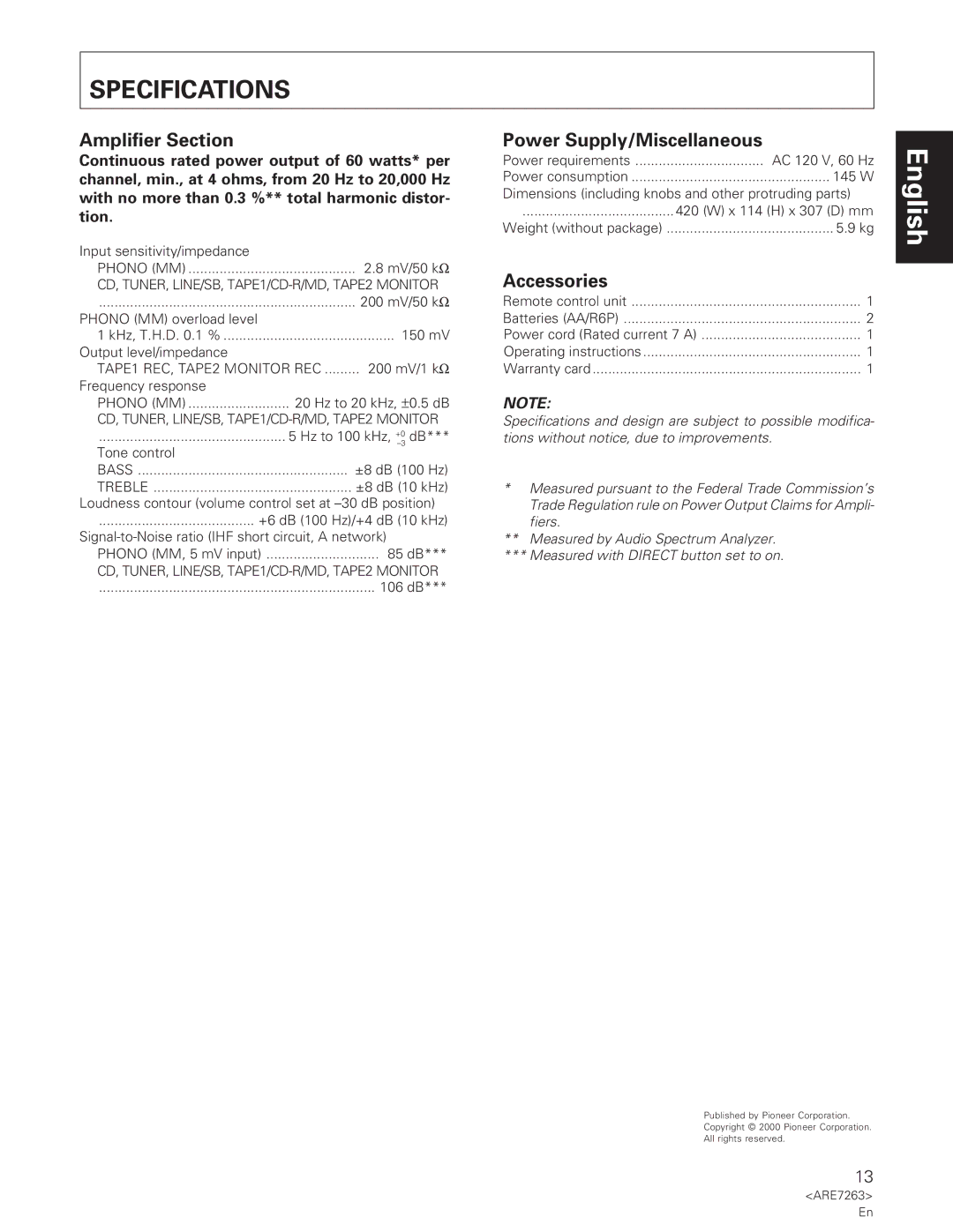 Pioneer A-35R operating instructions Specifications, Amplifier Section 