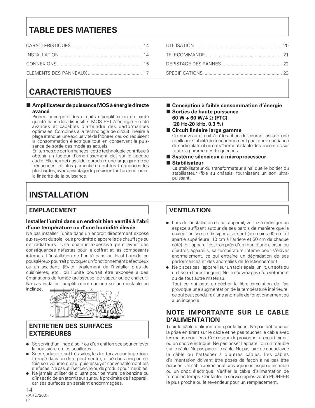 Pioneer A-35R operating instructions Table DES Matieres, Caracteristiques, Emplacement, Entretien DES Surfaces Exterieures 