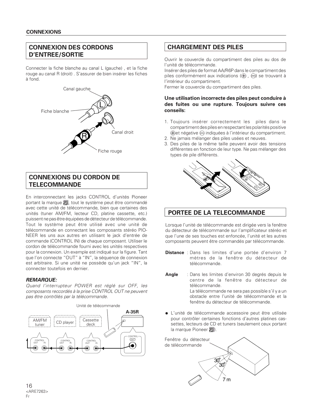 Pioneer A-35R Connexion DES Cordons ’ENTREE/SORTIE, Chargement DES Piles, Connexions DU Cordon DE Telecommande 