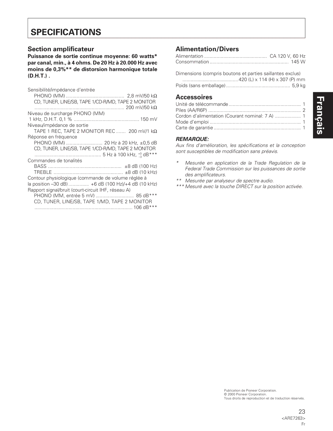 Pioneer A-35R operating instructions Section amplificateur 