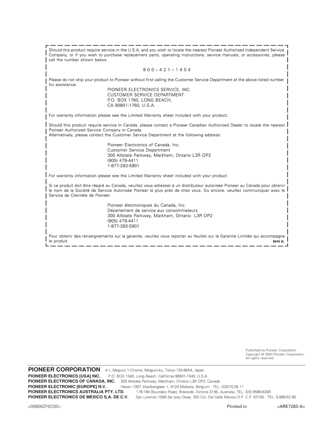 Pioneer A-35R operating instructions 00B00ZF0C00 Printed ARE7263-A ARE7263 Fr 