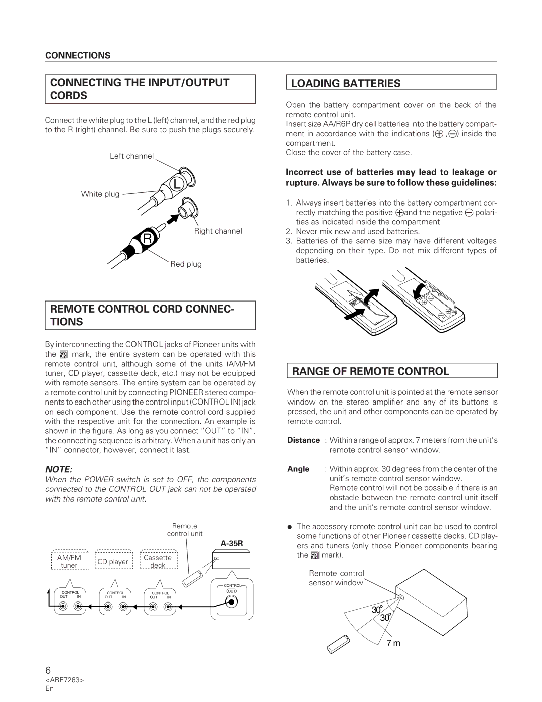 Pioneer A-35R Connecting the INPUT/OUTPUT Cords, Loading Batteries, Remote Control Cord CONNEC- Tions, Connections 