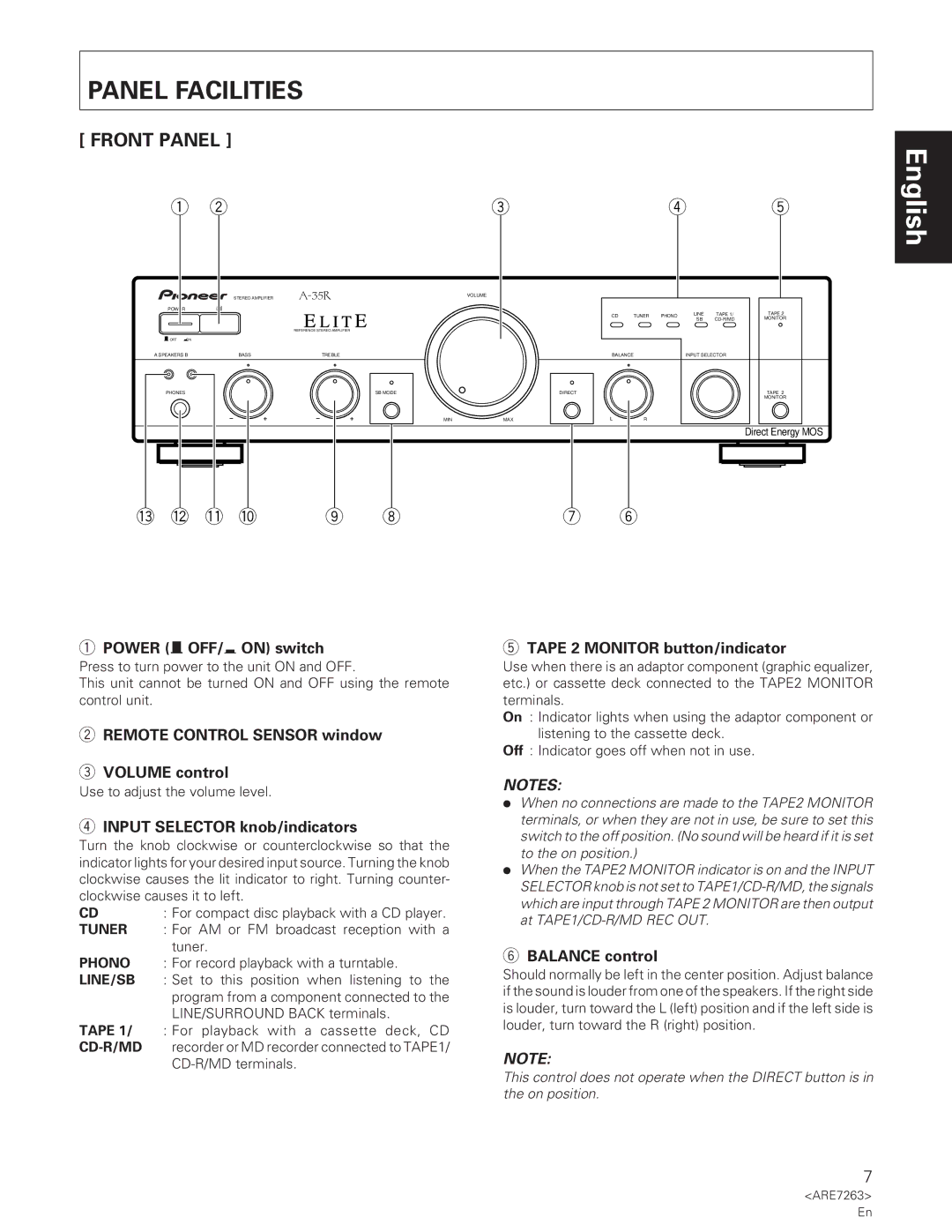 Pioneer A-35R operating instructions Panel Facilities, Front Panel 