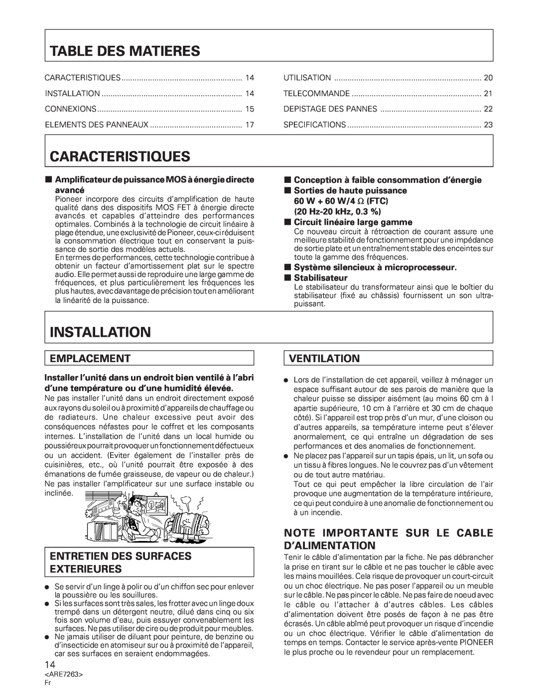 Pioneer A-35R Table Des Matieres, Caracteristiques, Emplacement, Entretien Des Surfaces Exterieures, 7Stabilisateur 