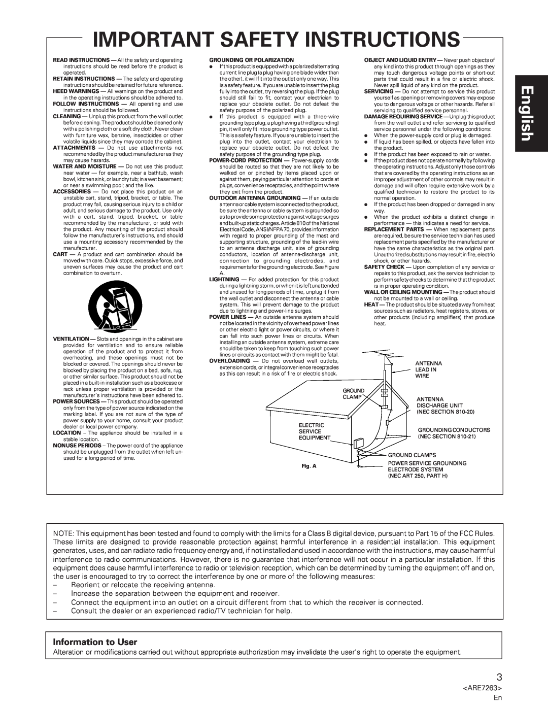 Pioneer A-35R operating instructions Information to User, Important Safety Instructions, English 