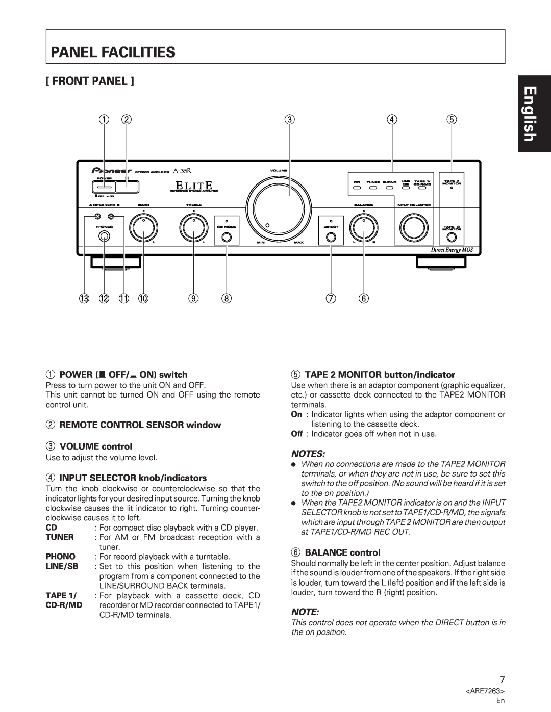 Pioneer A-35R Panel Facilities, Front Panel, ~ =, 1POWER Ñ OFF/_ ON switch, 2REMOTE CONTROL SENSOR window 3VOLUME control 