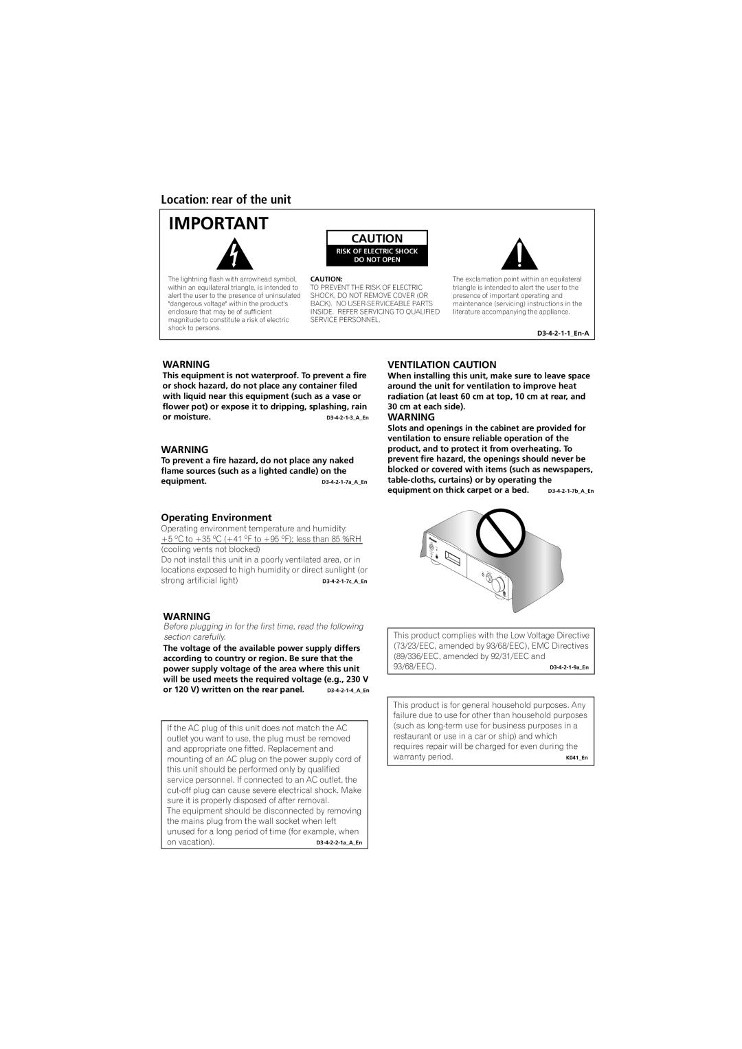 Pioneer A-A6-J manual Location rear of the unit, Ventilation Caution, Operating Environment 