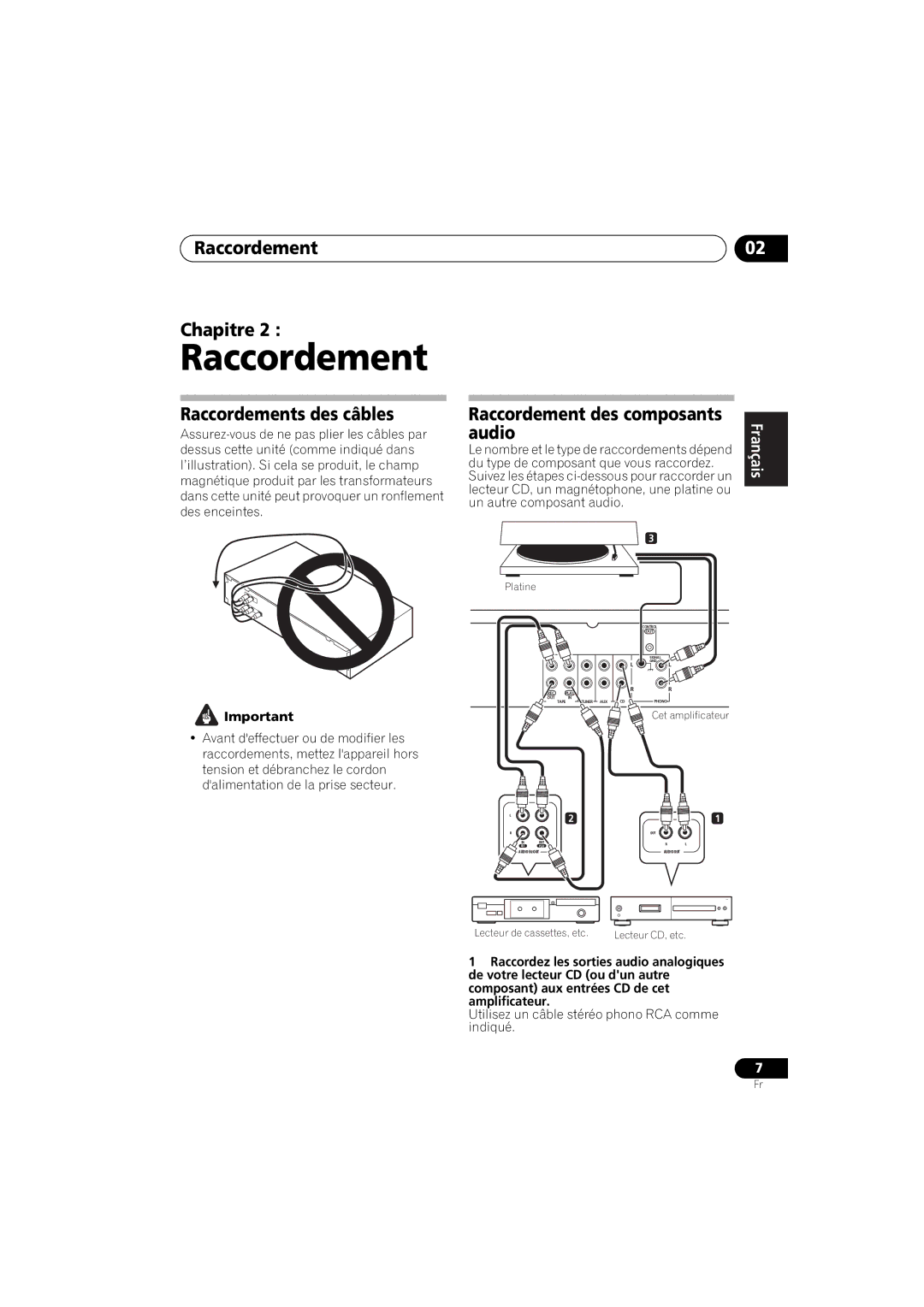 Pioneer A-A6-J manual Raccordement Chapitre, Raccordements des câbles, Raccordement des composants, Audio 