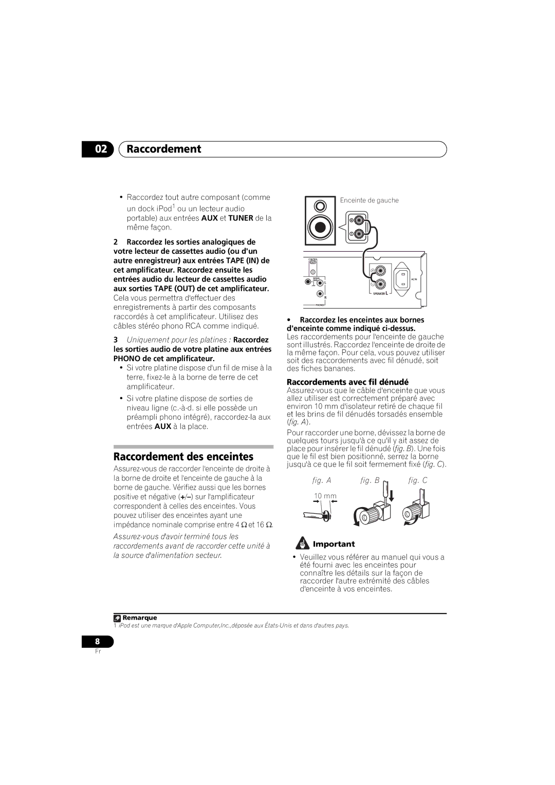 Pioneer A-A6-J manual Raccordement des enceintes, Raccordements avec fil dénudé 