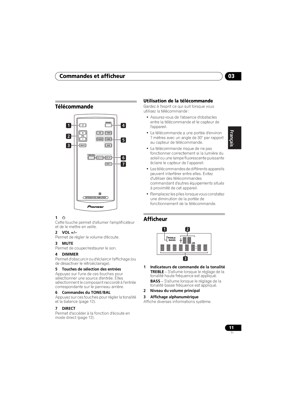 Pioneer A-A6-J manual Commandes et afficheur Télécommande, Utilisation de la télécommande, Mute 