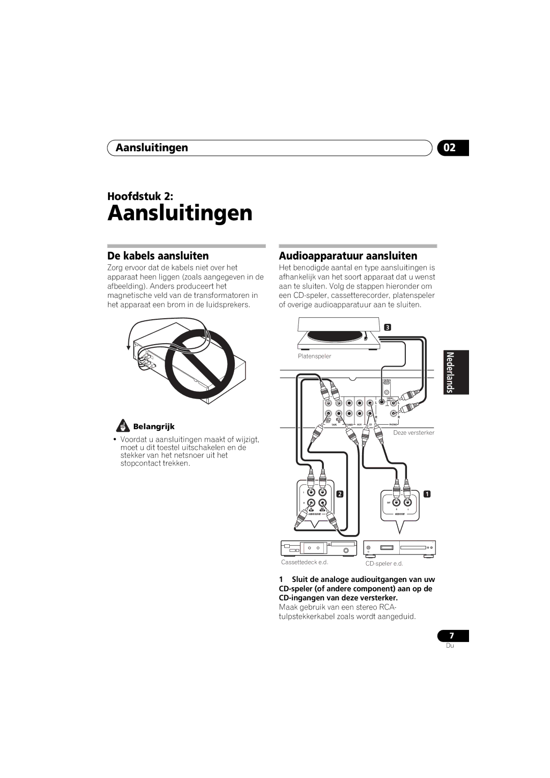 Pioneer A-A6-J manual Aansluitingen Hoofdstuk, De kabels aansluiten, Audioapparatuur aansluiten, Belangrijk 