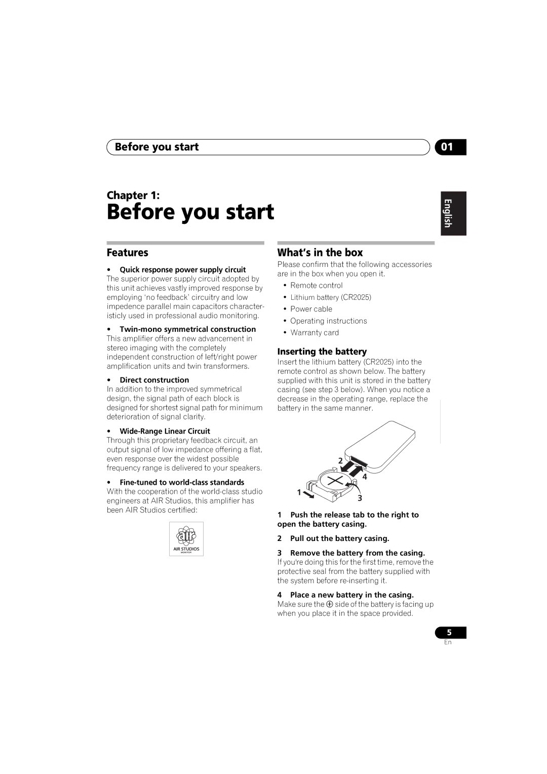 Pioneer A-A6-J manual Before you start Chapter, Features, Inserting the battery 