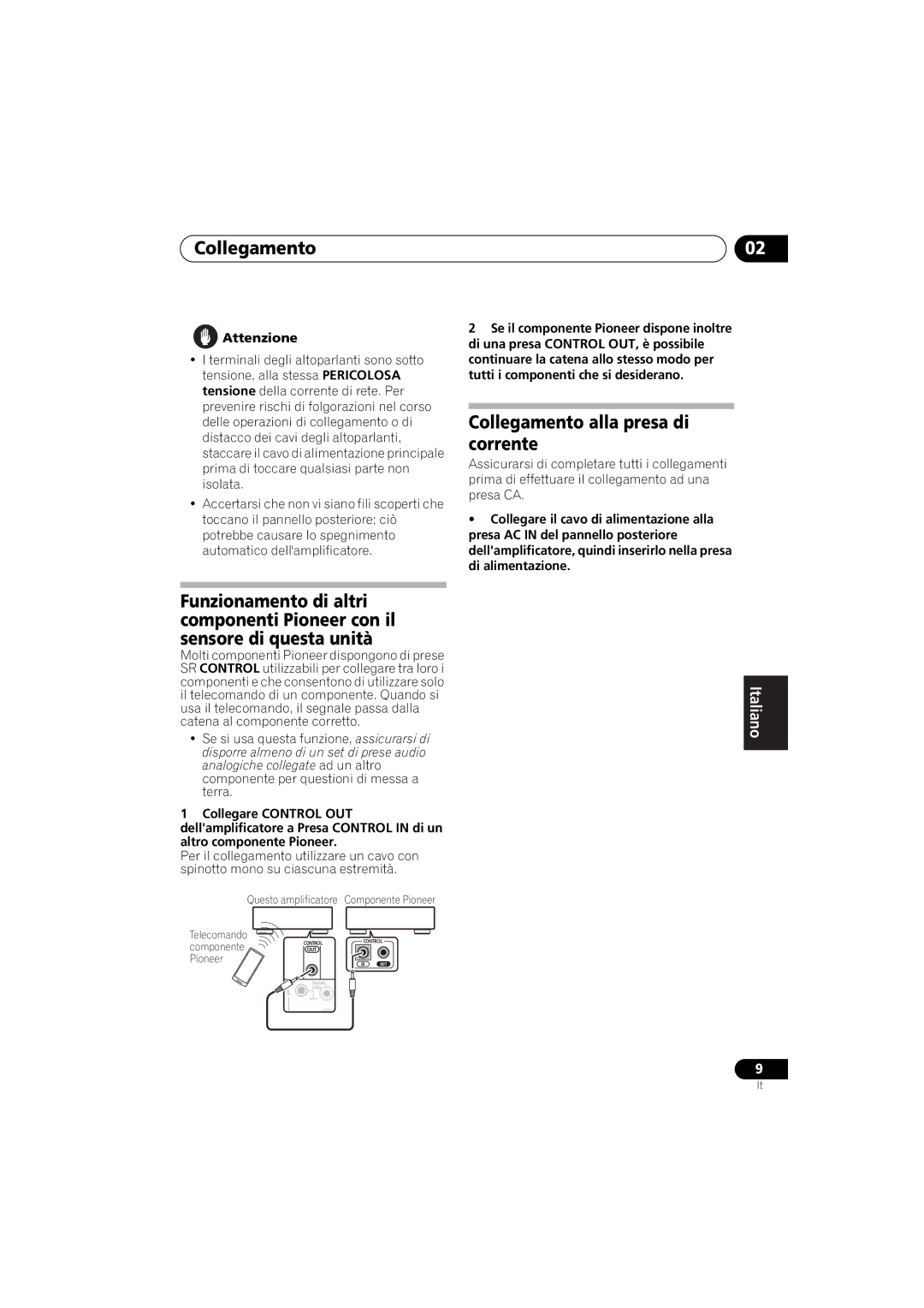 Pioneer A-A6-J manual Collegamento alla presa di corrente, Attenzione 