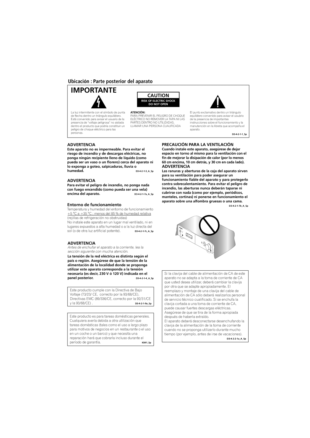 Pioneer A-A6-J manual Ubicación Parte posterior del aparato, Advertencia, Entorno de funcionamiento 