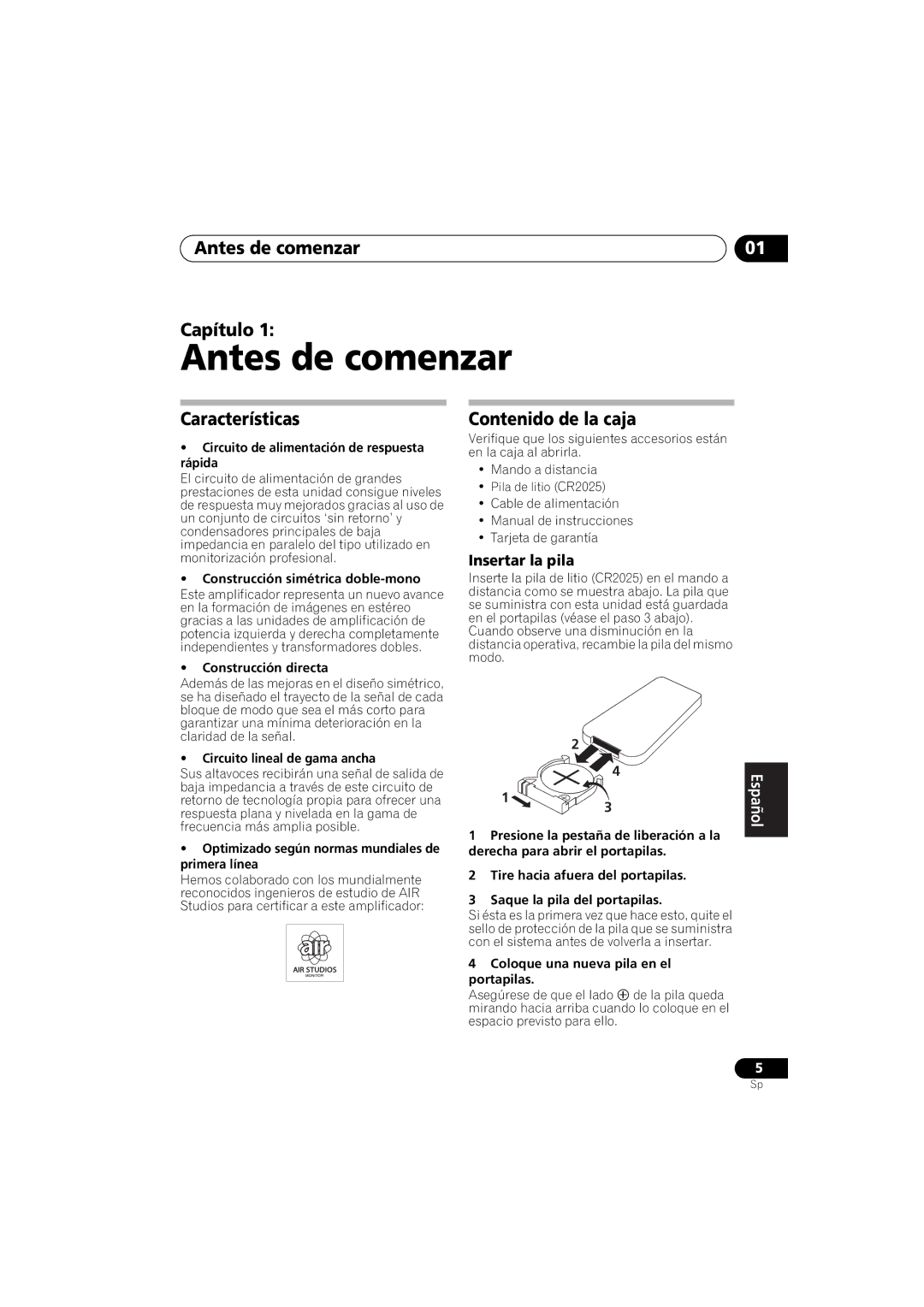 Pioneer A-A6-J manual Antes de comenzar Capítulo, Características, Contenido de la caja, Insertar la pila 