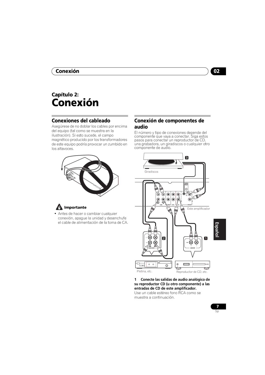 Pioneer A-A6-J manual Conexión Capítulo, Conexiones del cableado, Conexión de componentes de 