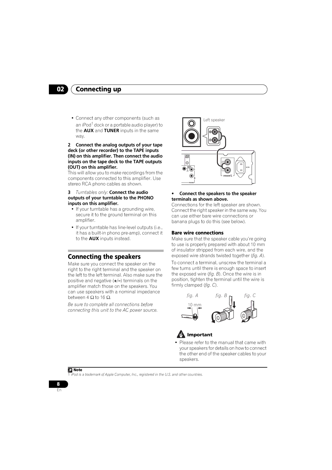 Pioneer A-A6-J manual Connecting up, Connecting the speakers, Bare wire connections 