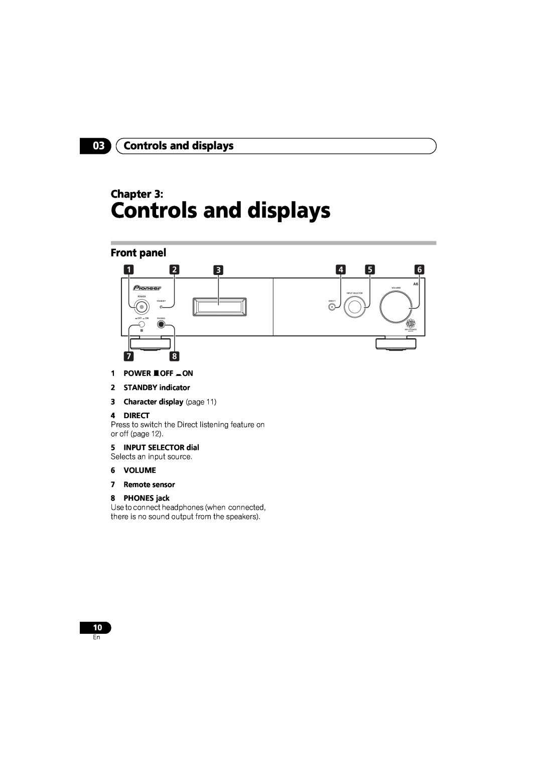 Pioneer A-A6-J manual 03Controls and displays Chapter, Front panel, 1POWER OFF ON 2STANDBY indicator 