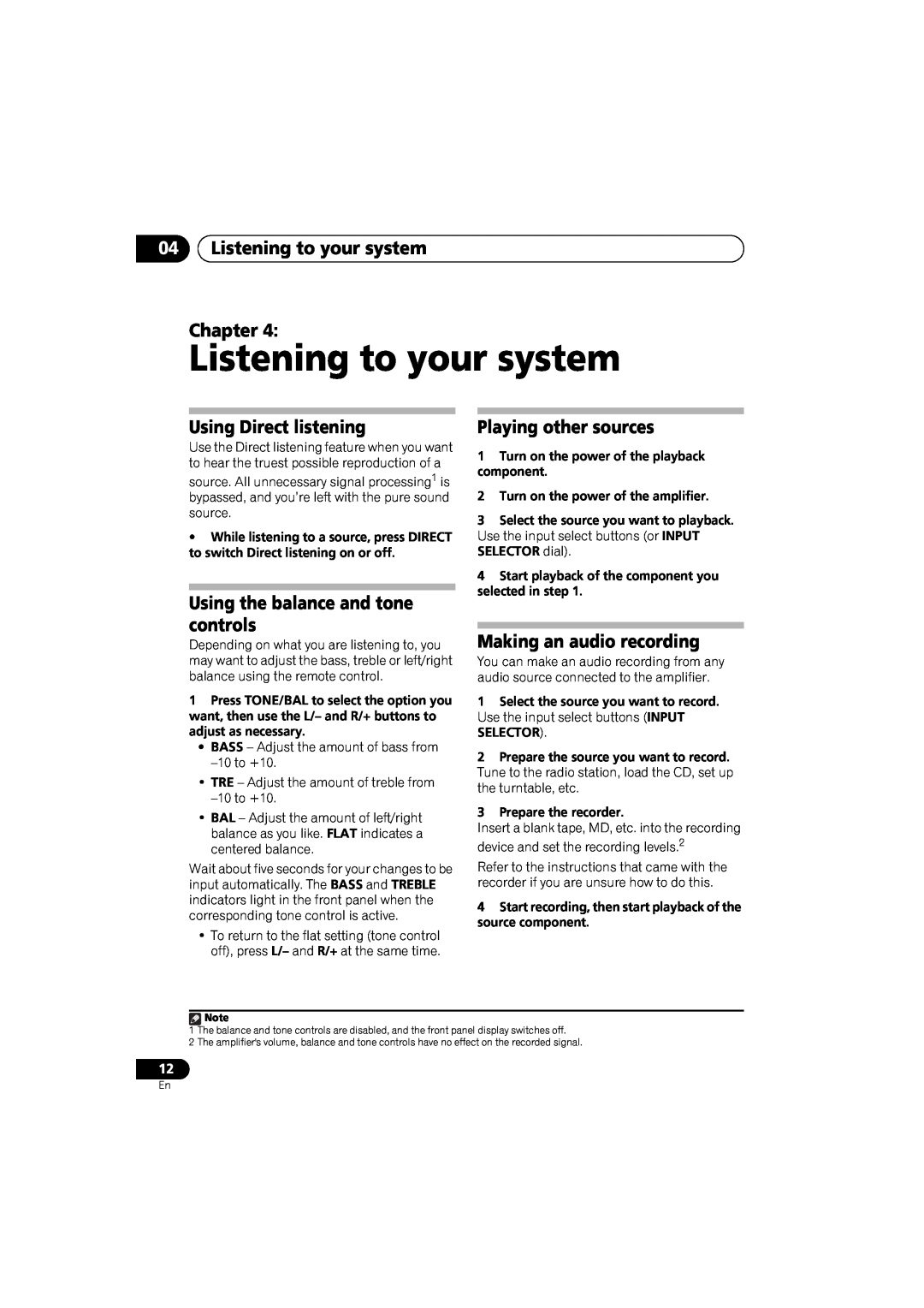 Pioneer A-A6-J manual 04Listening to your system Chapter, Using Direct listening, Using the balance and tone controls 