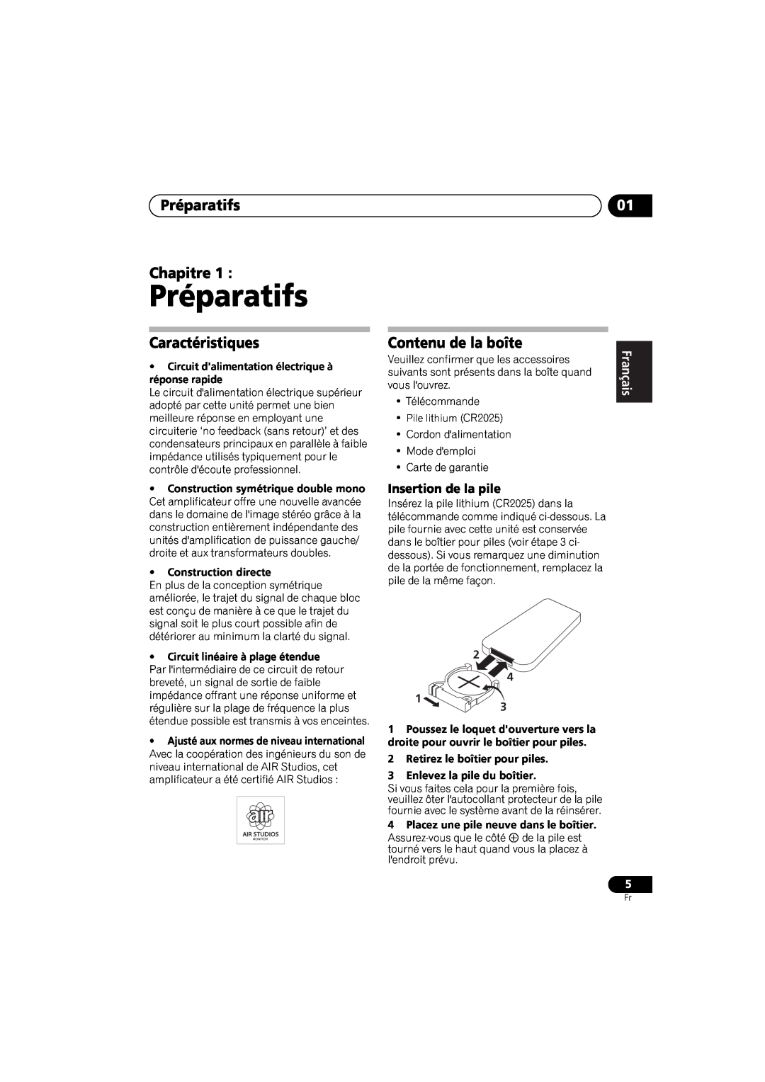Pioneer A-A6-J manual Préparatifs Chapitre, Caractéristiques, Contenu de la boîte, Insertion de la pile, English 