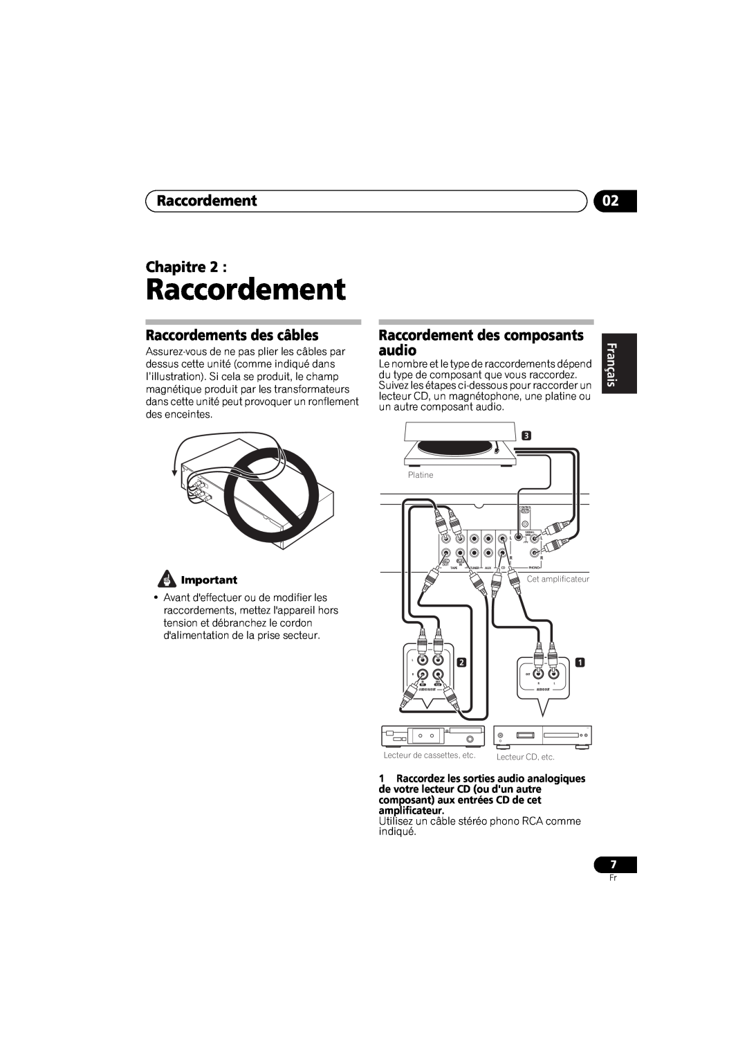 Pioneer A-A6-J manual Raccordement Chapitre, Raccordements des câbles, Raccordement des composants, audio, English 