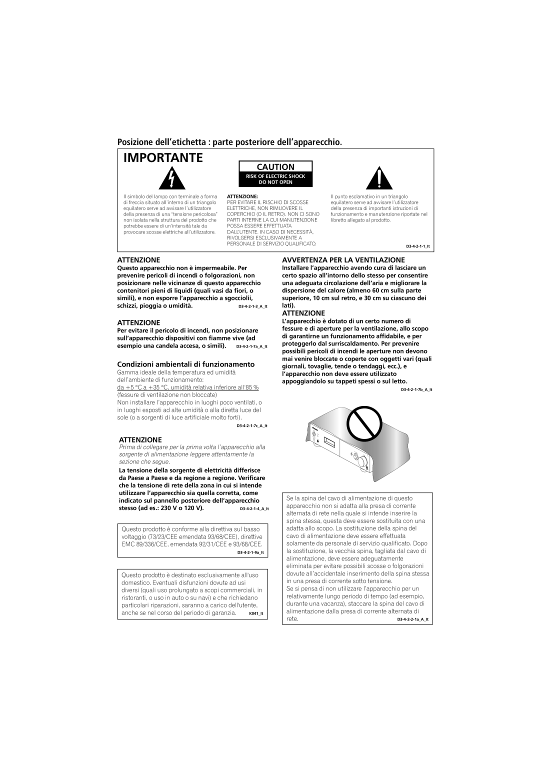 Pioneer A-A6-J manual Importante, Attenzione, Condizioni ambientali di funzionamento, Avvertenza Per La Ventilazione 