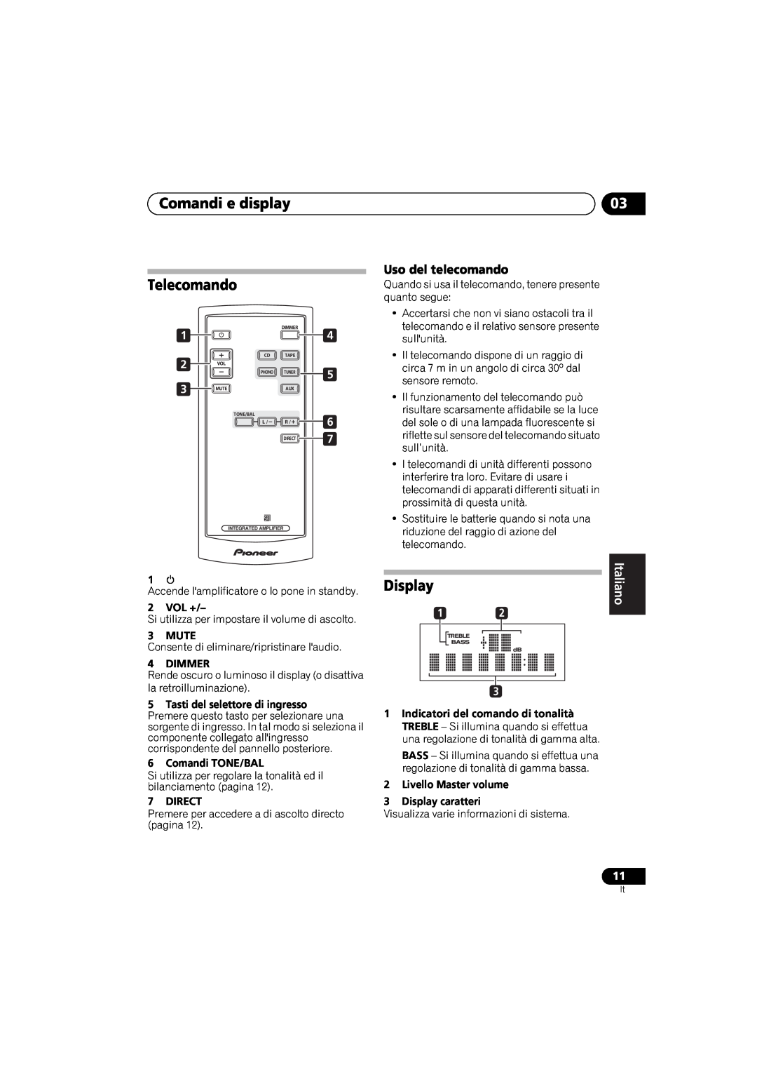 Pioneer A-A6-J manual Comandi e display, Telecomando, Display, Uso del telecomando 