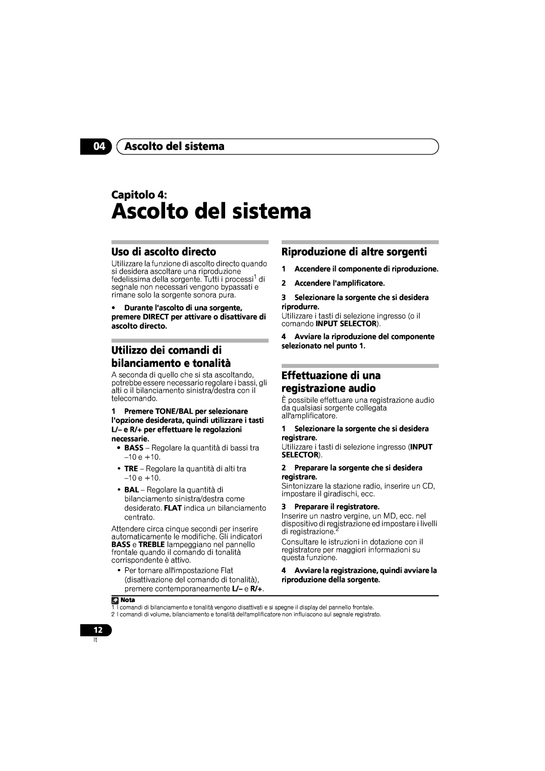 Pioneer A-A6-J manual 04Ascolto del sistema Capitolo, Uso di ascolto directo, Riproduzione di altre sorgenti 