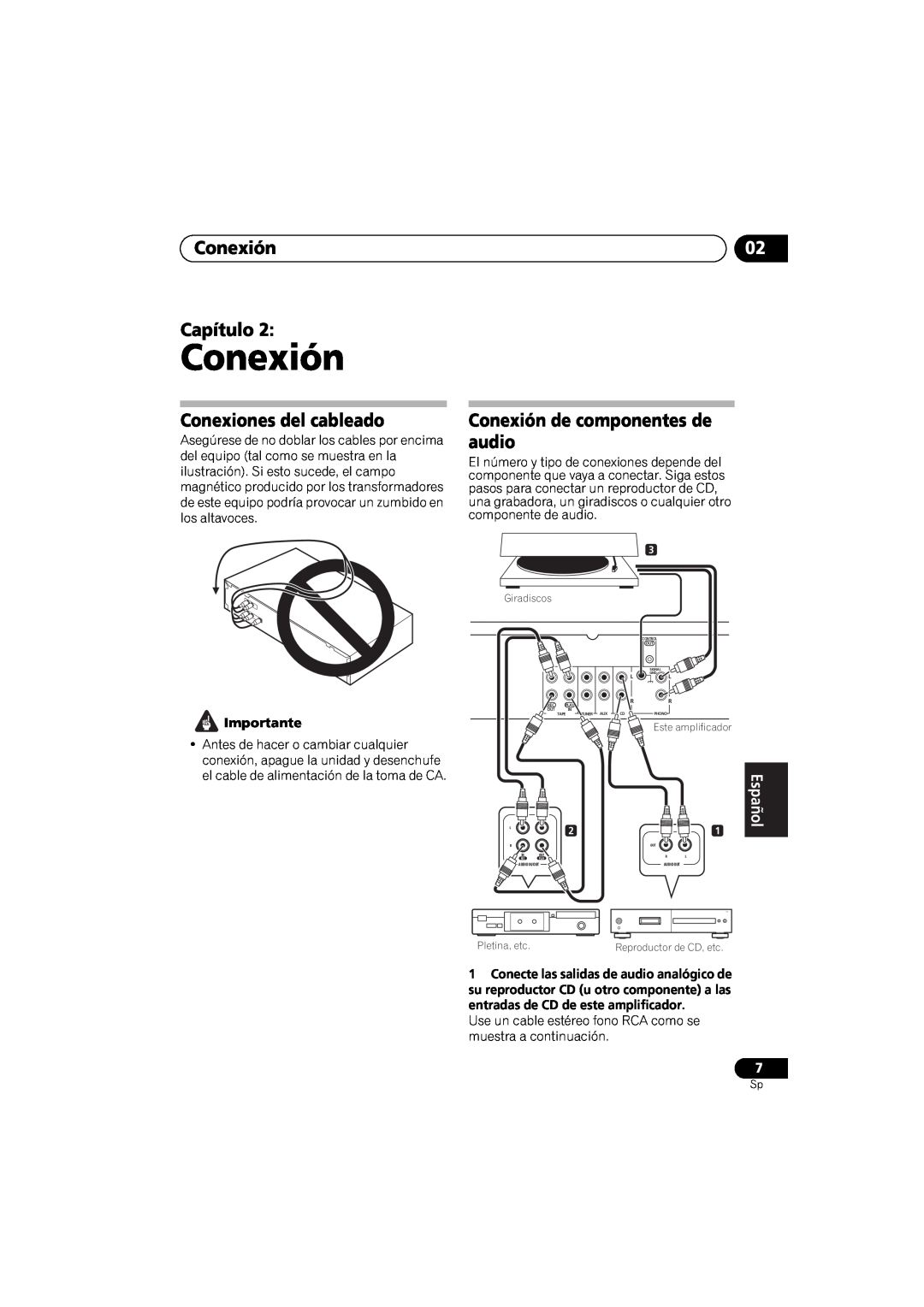 Pioneer A6 Conexión Capítulo, Conexiones del cableado, Conexión de componentes de, audio, English, Importante, Español 
