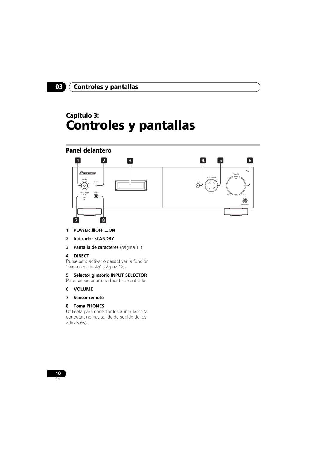 Pioneer A-A9-J manual Controles y pantallas Capítulo, Panel delantero, Indicador Standby Pantalla de caracteres página 