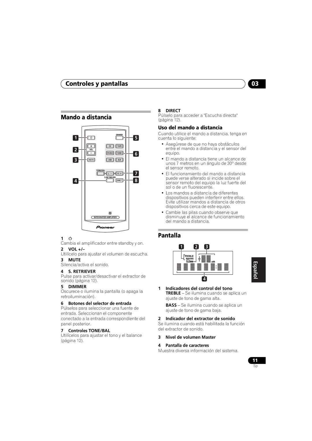 Pioneer A-A9-J manual Controles y pantallas Mando a distancia, Uso del mando a distancia 