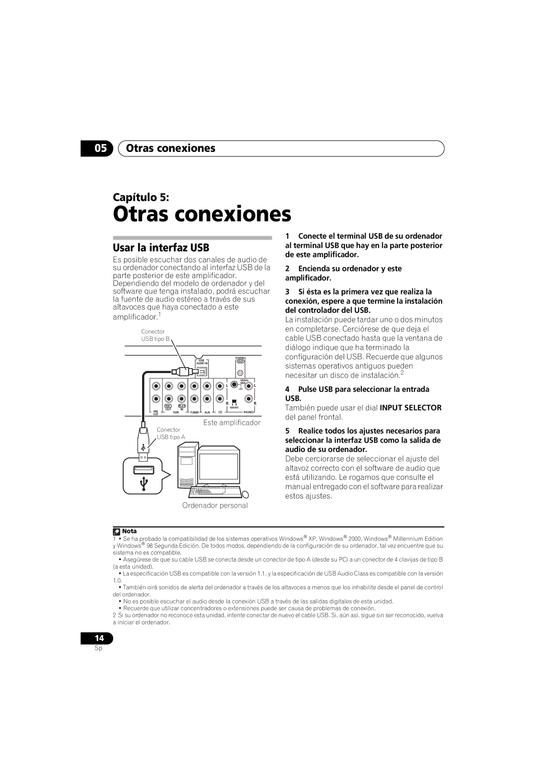 Pioneer A-A9-J manual Otras conexiones Capítulo, Usar la interfaz USB, Usb 