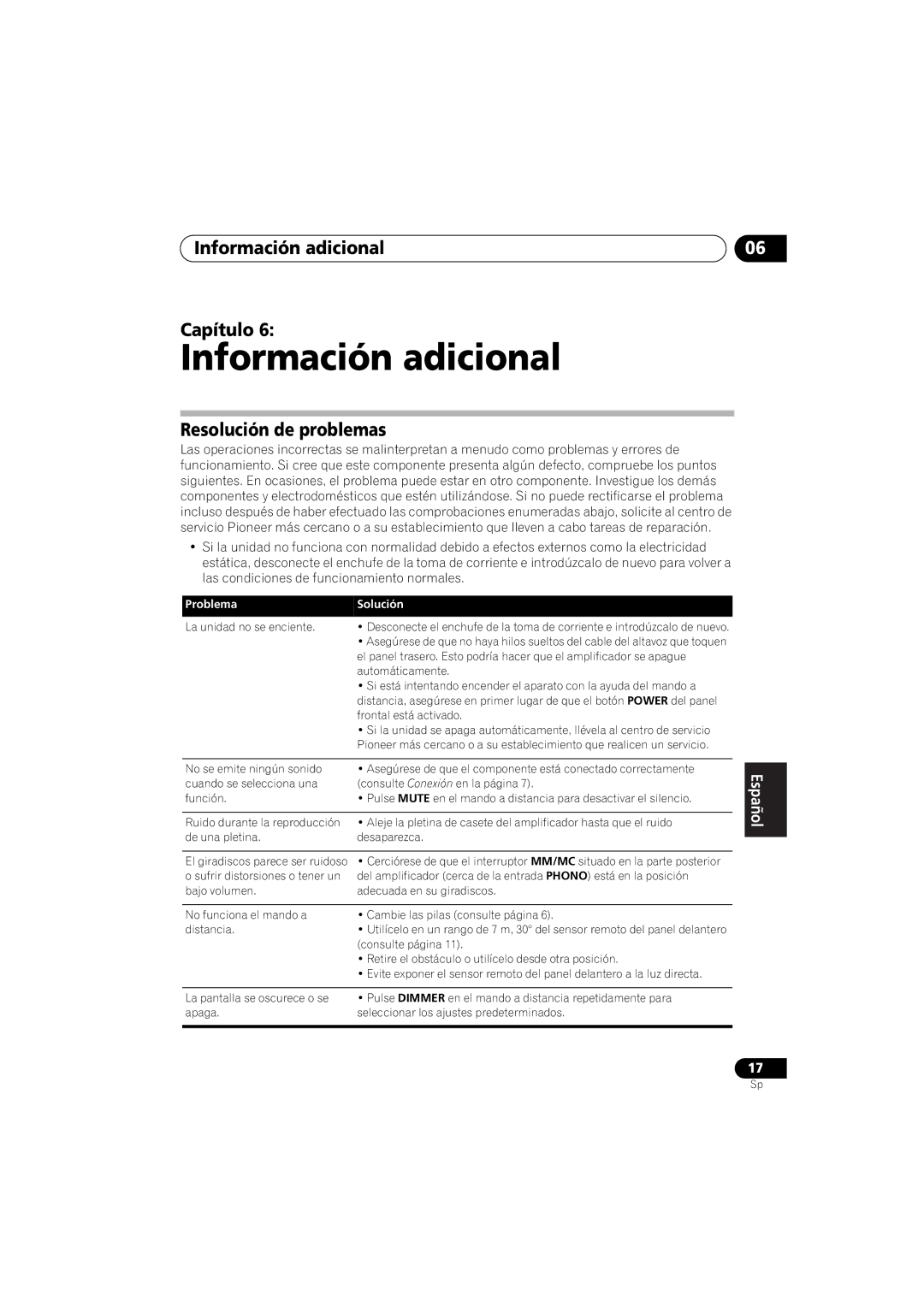 Pioneer A-A9-J manual Información adicional Capítulo, Resolución de problemas 