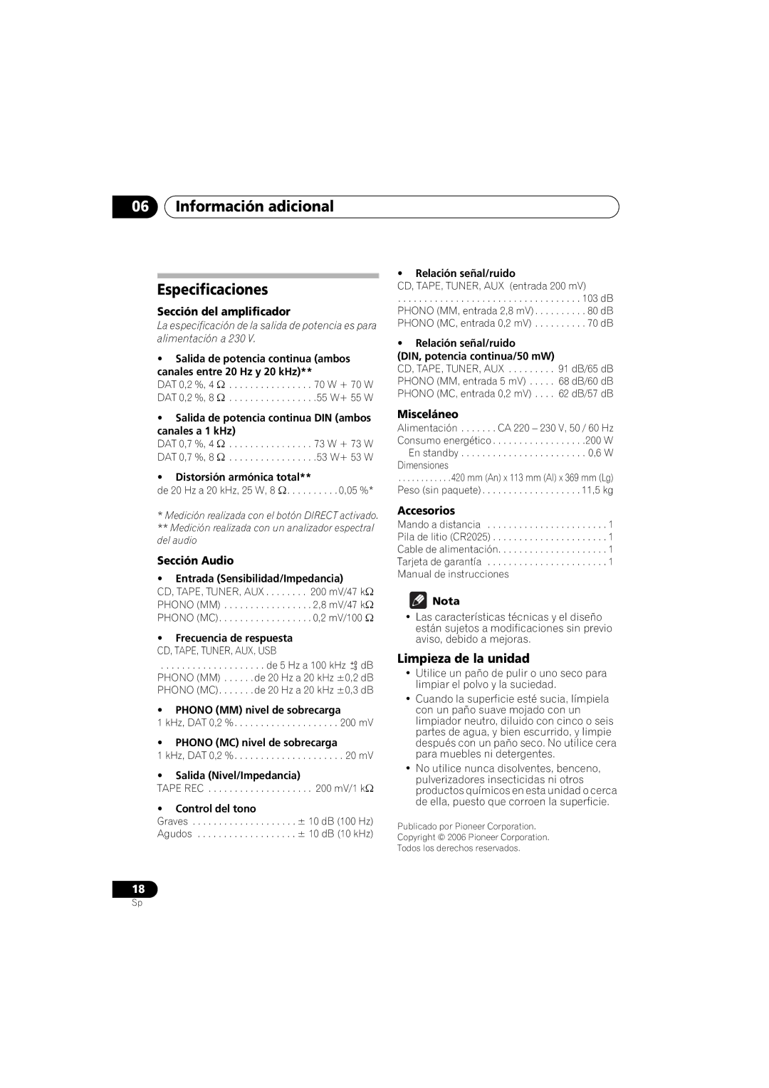 Pioneer A-A9-J manual Información adicional Especificaciones, Limpieza de la unidad 