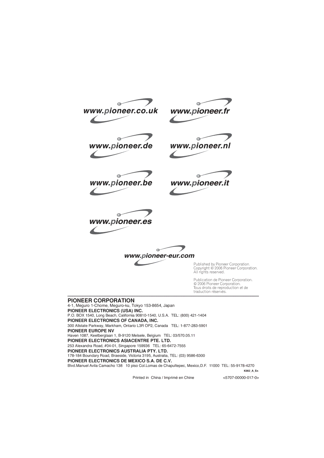 Pioneer A-A9-J manual Pioneer Corporation 