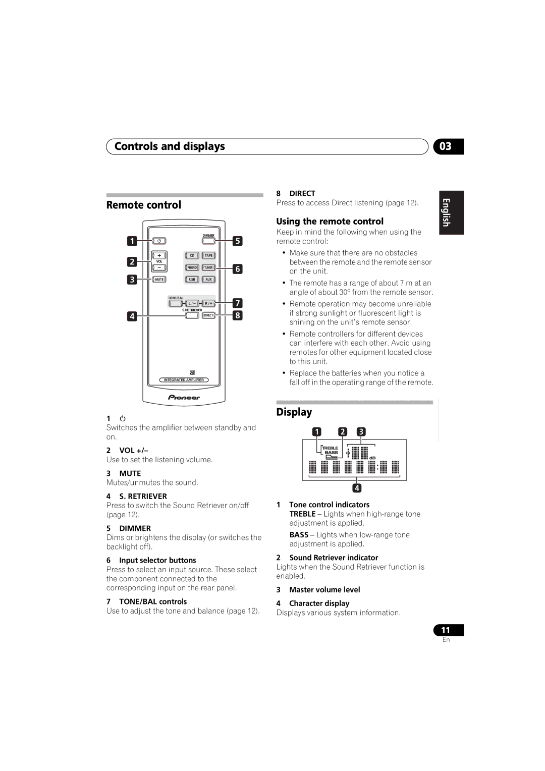 Pioneer A-A9-J manual Controls and displays Remote control, Display, Retriever, Dimmer 