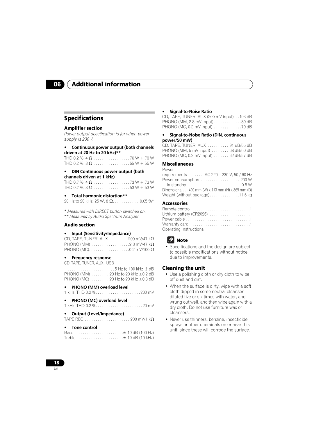 Pioneer A-A9-J manual Additional information Specifications, Cleaning the unit 