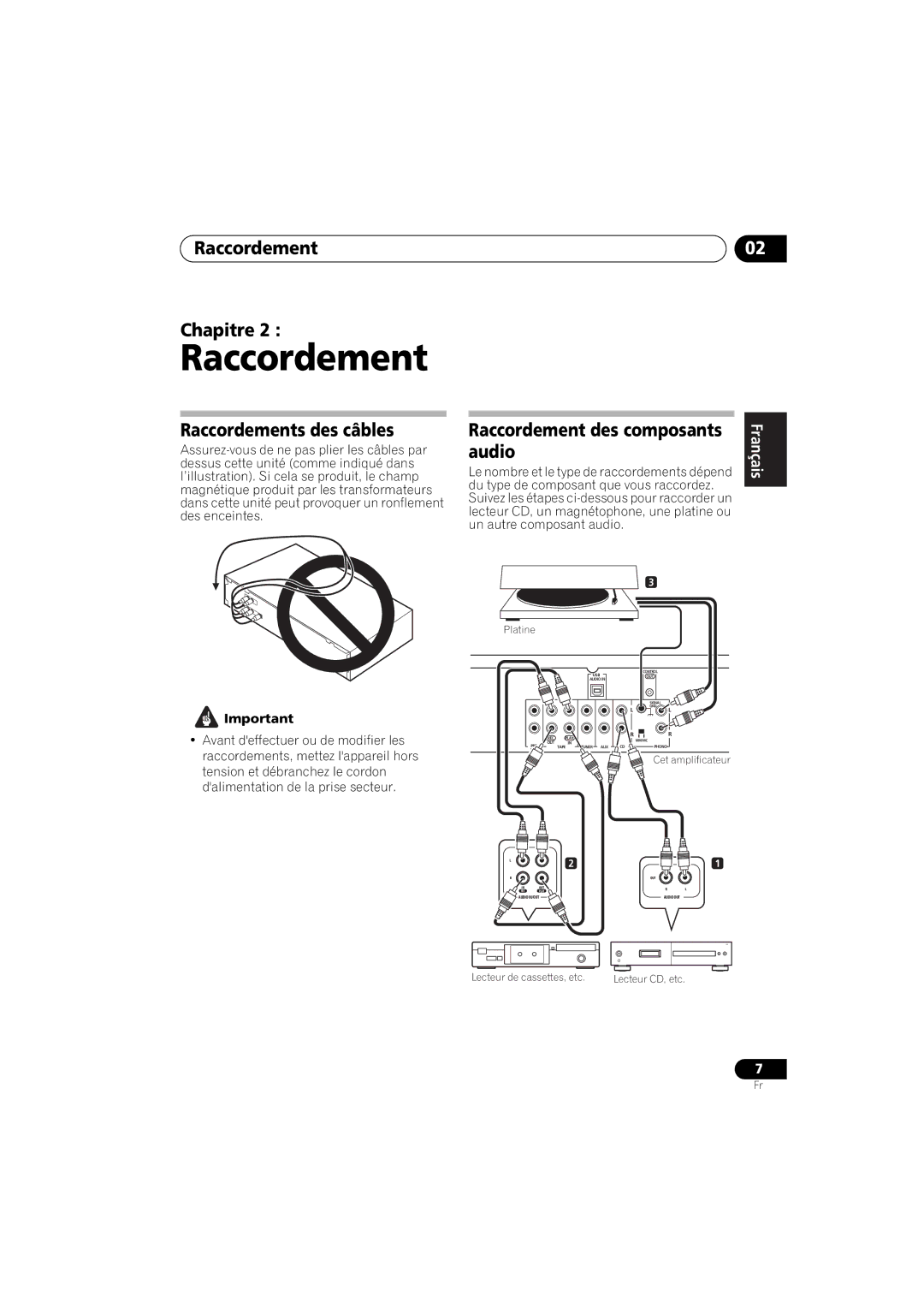 Pioneer A-A9-J manual Raccordement Chapitre, Raccordements des câbles, Audio 