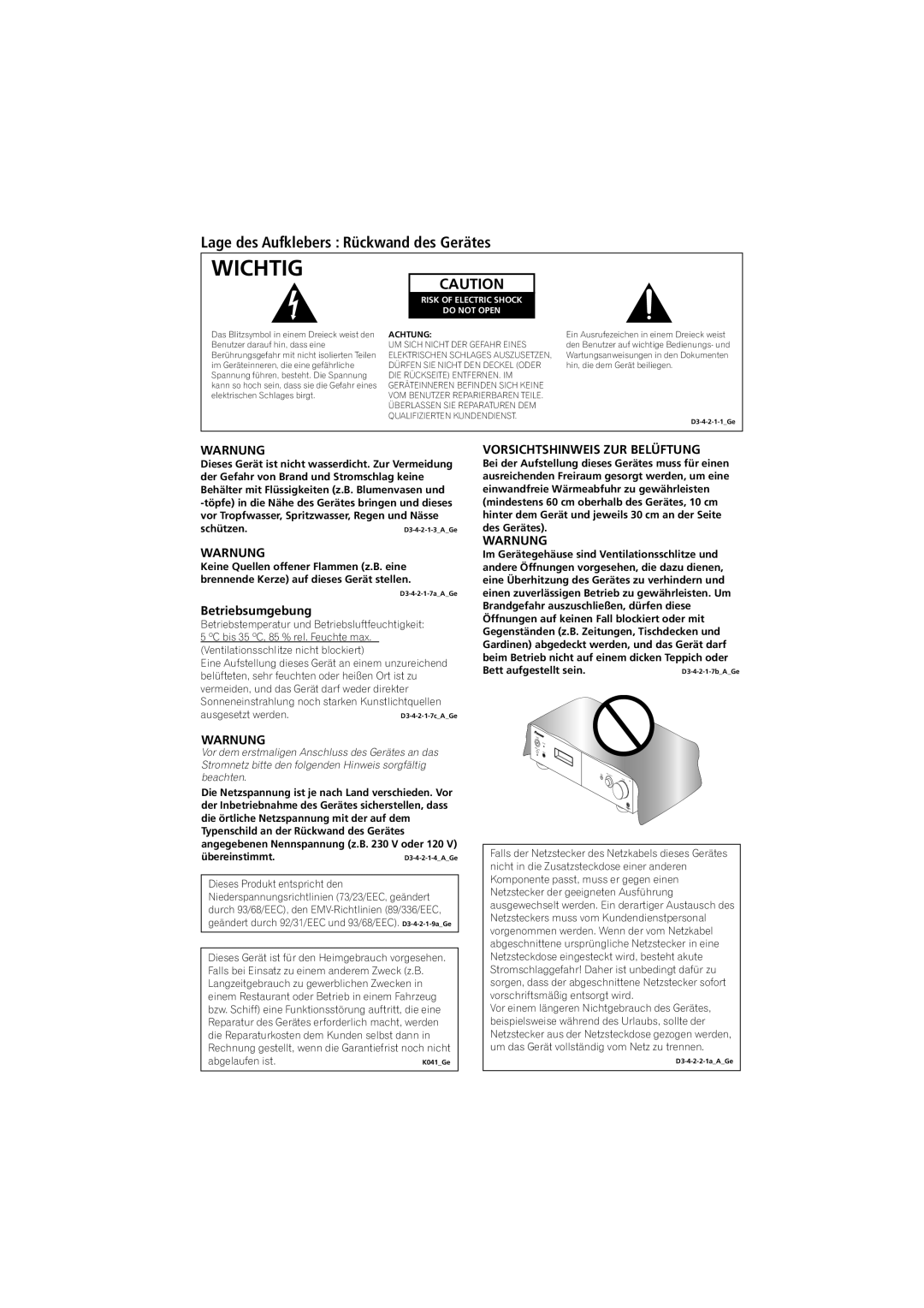 Pioneer A-A9-J manual Lage des Aufklebers Rückwand des Gerätes, Warnung, Betriebsumgebung, Vorsichtshinweis ZUR Belüftung 