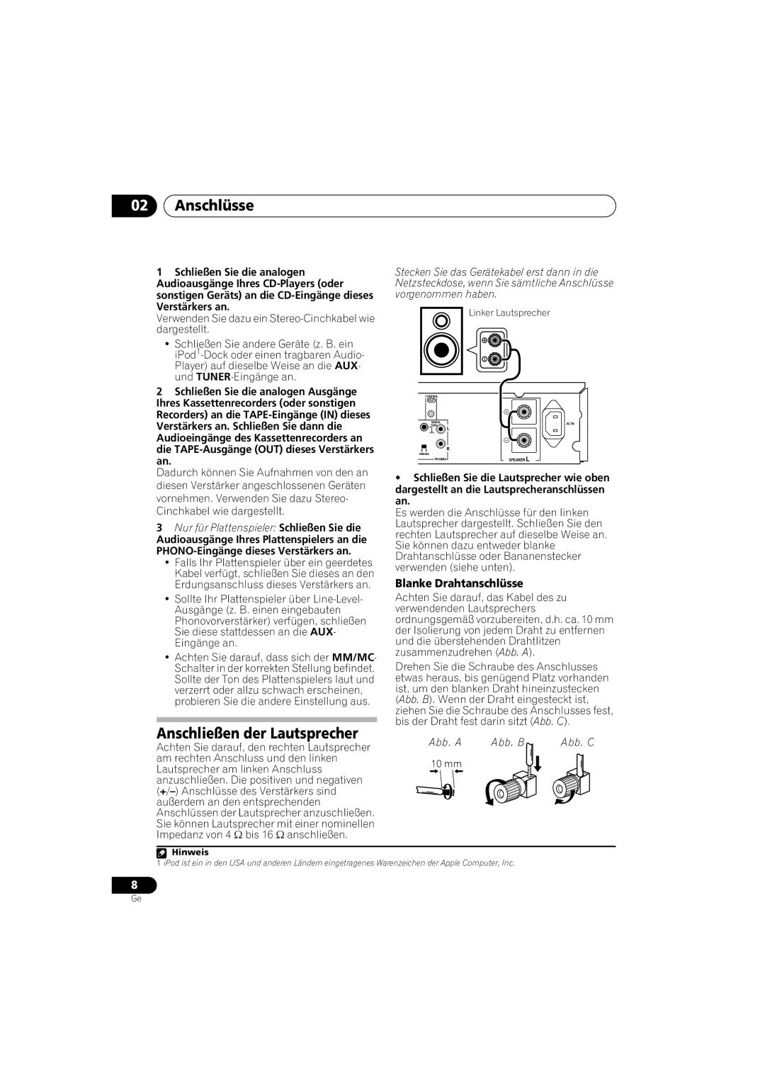 Pioneer A-A9-J manual Anschlüsse, Anschließen der Lautsprecher, Blanke Drahtanschlüsse 