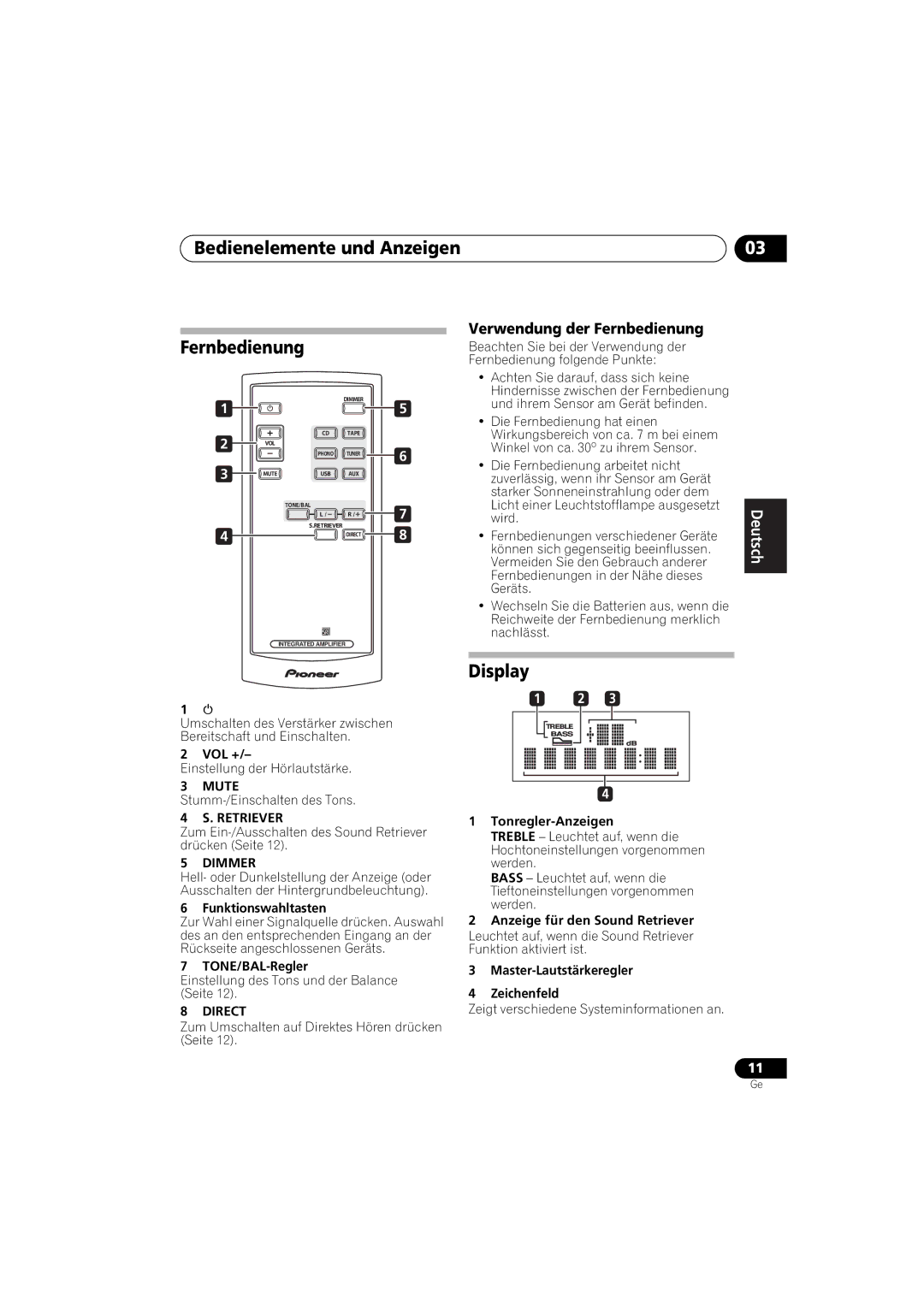 Pioneer A-A9-J manual Bedienelemente und Anzeigen Fernbedienung, Verwendung der Fernbedienung 