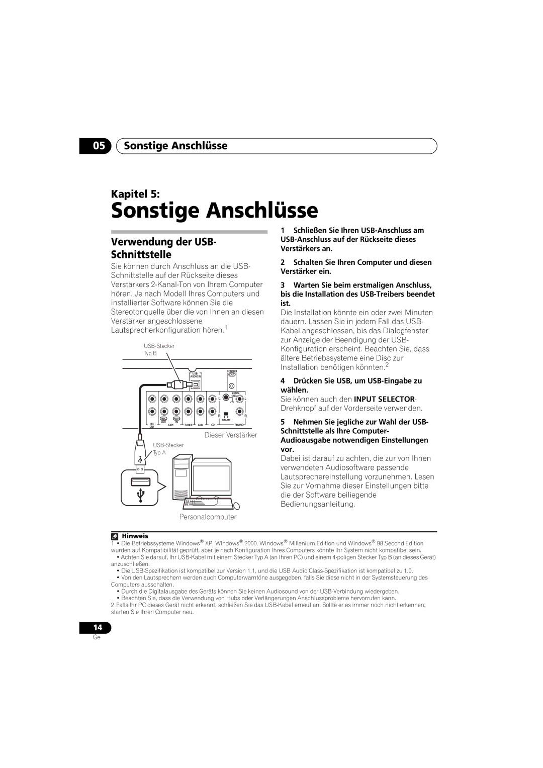 Pioneer A-A9-J manual Sonstige Anschlüsse Kapitel, Verwendung der USB Schnittstelle 