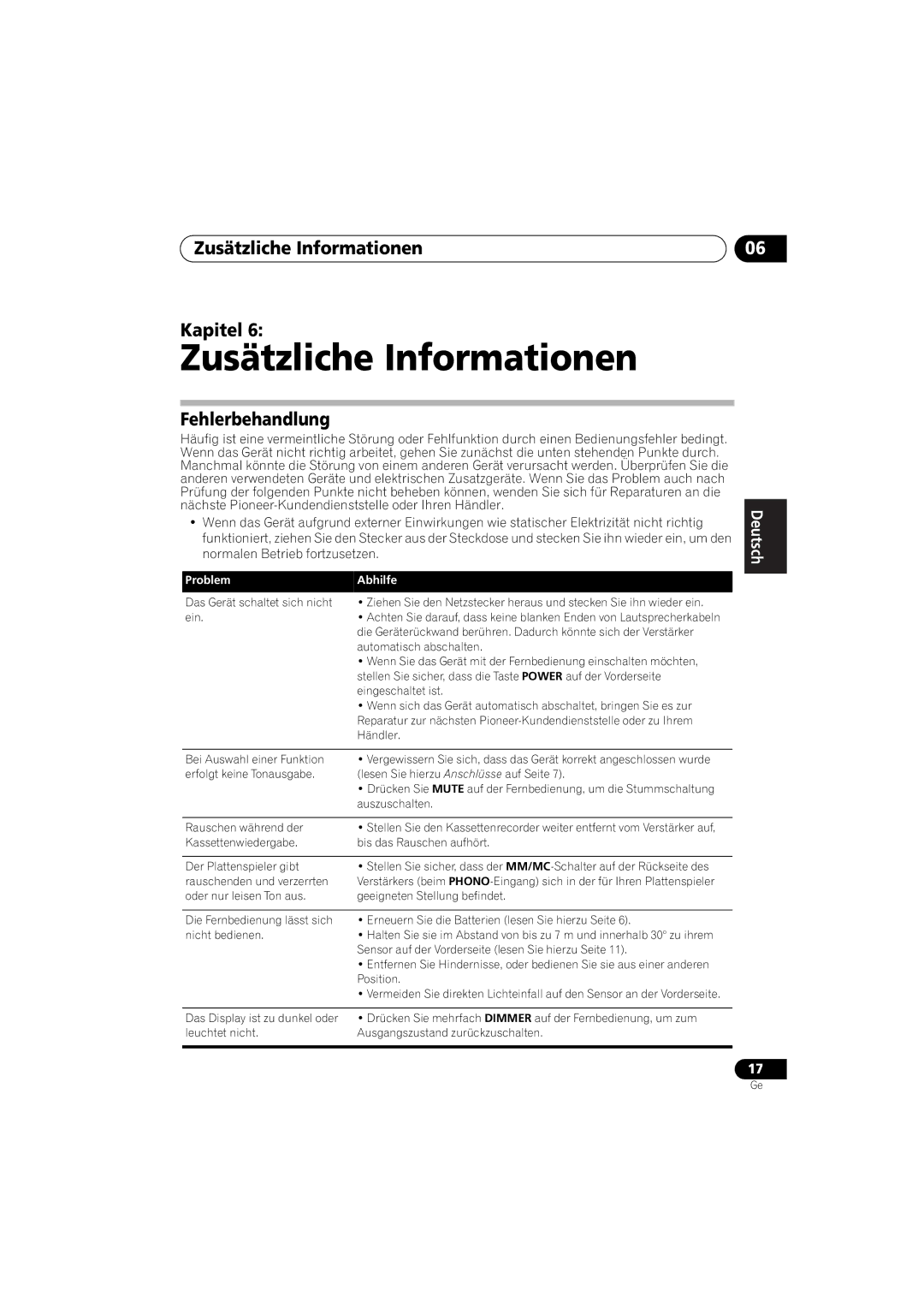 Pioneer A-A9-J manual Zusätzliche Informationen Kapitel, Fehlerbehandlung 