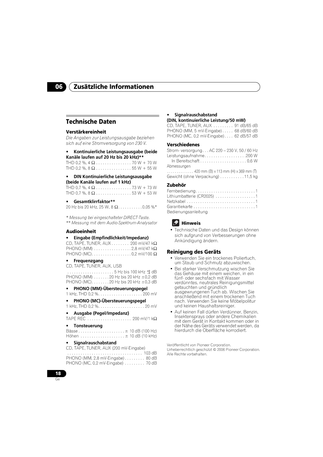 Pioneer A-A9-J manual 06 Zusätzliche Informationen Technische Daten, Reinigung des Geräts 