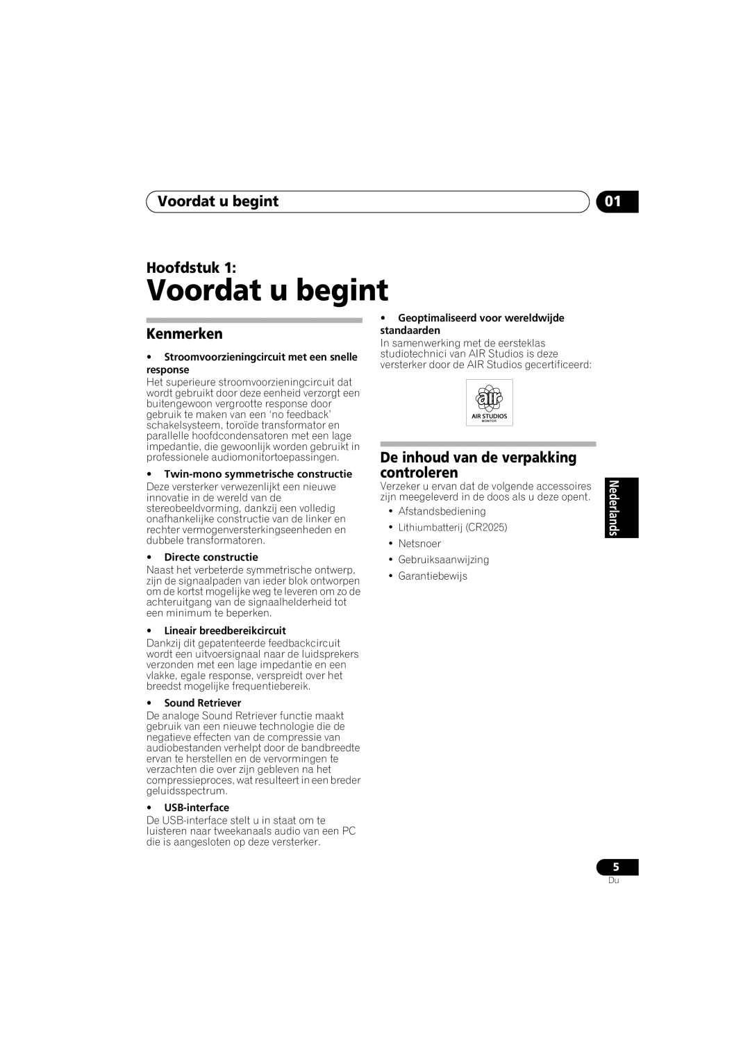 Pioneer A-A9-J manual Voordat u begint Hoofdstuk, Kenmerken, De inhoud van de verpakking controleren 