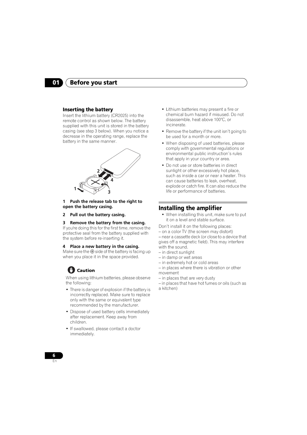 Pioneer A-A9-J manual Before you start, Installing the amplifier, Inserting the battery 