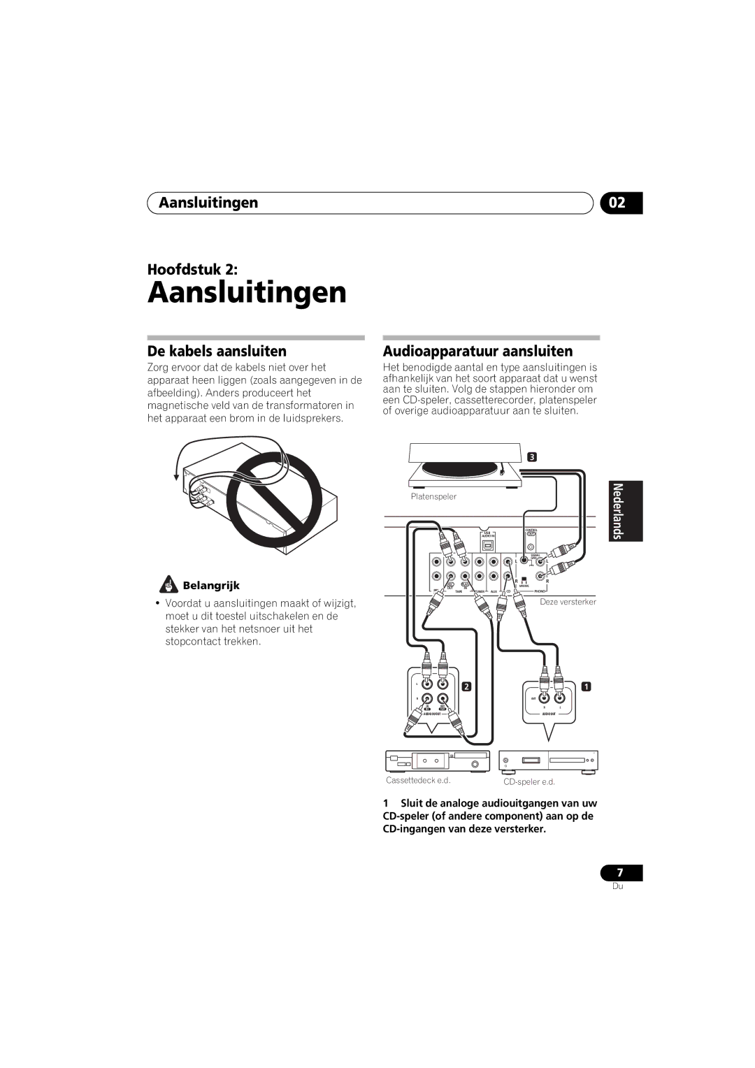 Pioneer A-A9-J manual Aansluitingen Hoofdstuk, De kabels aansluiten, Audioapparatuur aansluiten, Belangrijk 