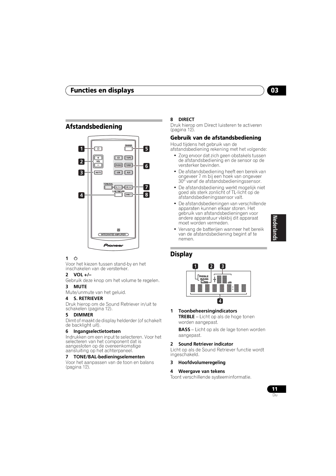 Pioneer A-A9-J manual Functies en displays Afstandsbediening, Gebruik van de afstandsbediening, Ingangselectietoetsen 